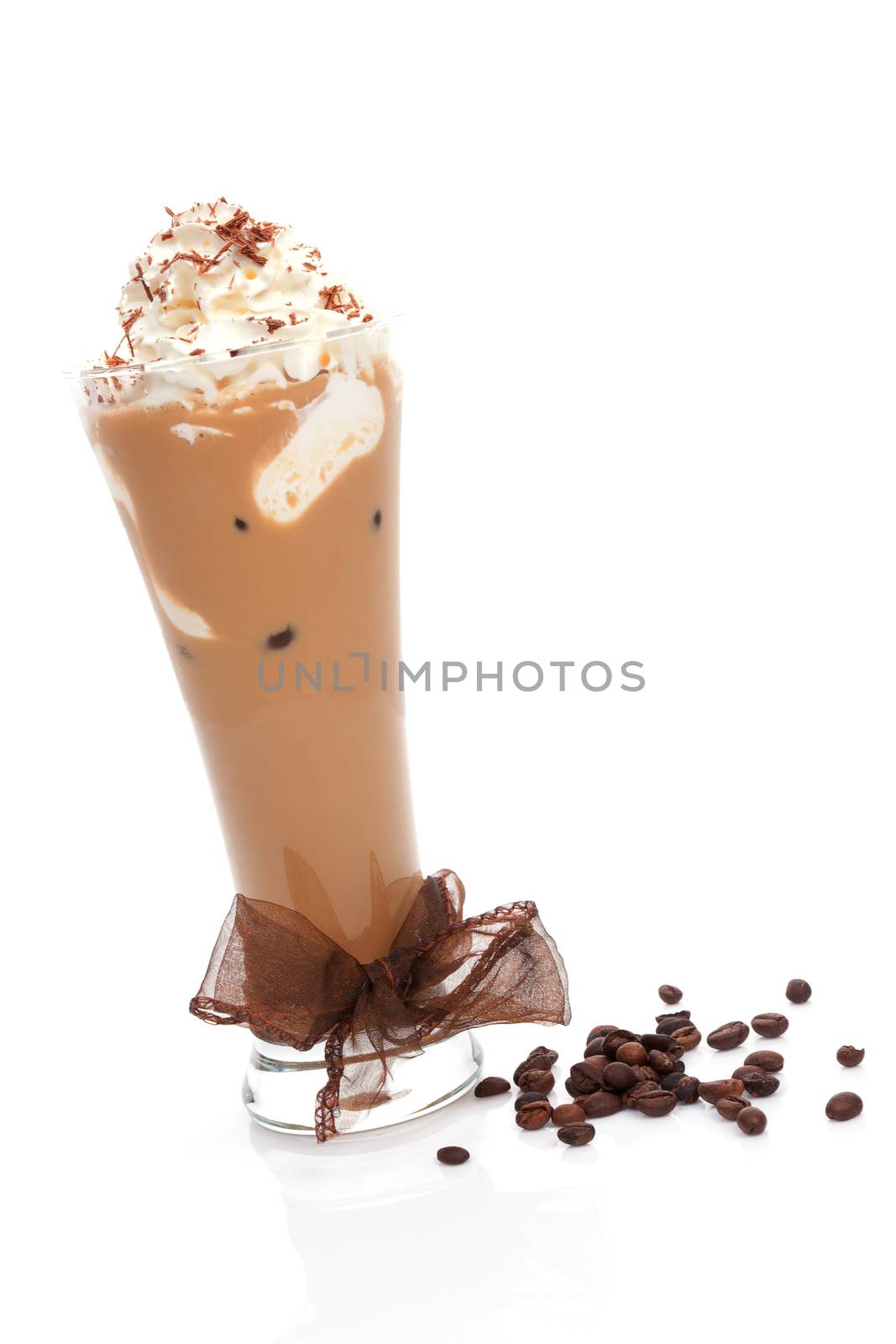 Ice coffee with cream and coffee beans isolated on white background. Refreshing summer drink.