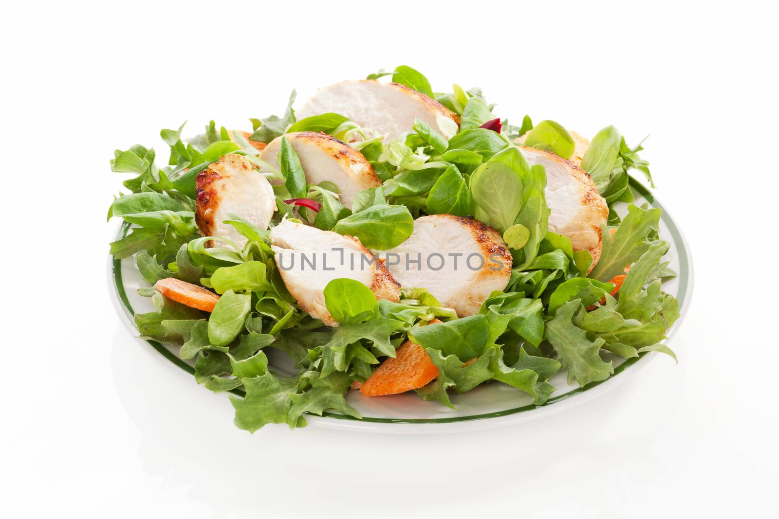 Fresh summer salad with chicken on round plate isolated on white background. Culinary light summer eating.