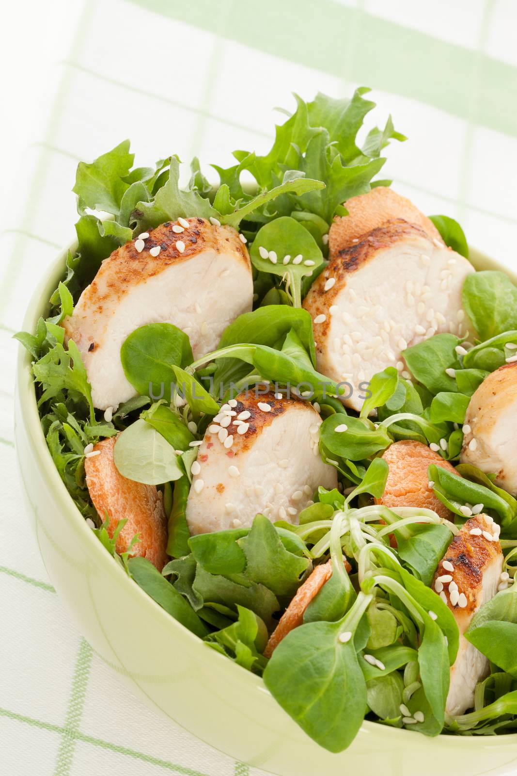 Delicious salad with chicken pieces with sesame. Healthy eating concept.