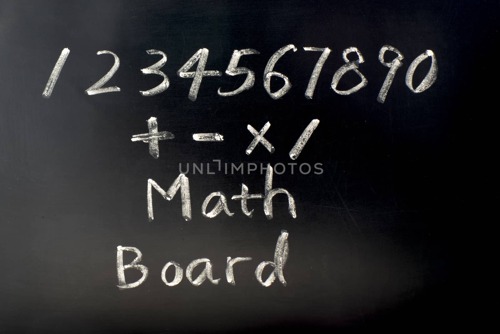 Math board with numbers written with chalk