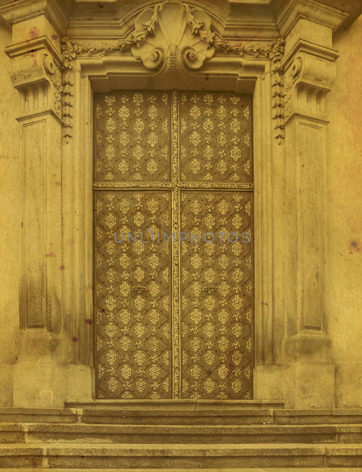 Historical Ornate Wooden Door in a Stone Entry, Prague, Czech Re by Zhukow