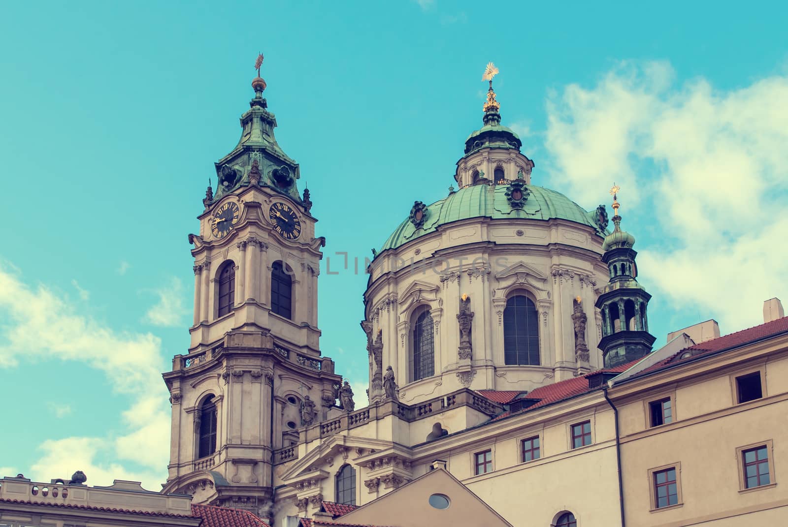 View of center of Prague from the grounds of Saint Nicholas Cathedral, Czech Republic