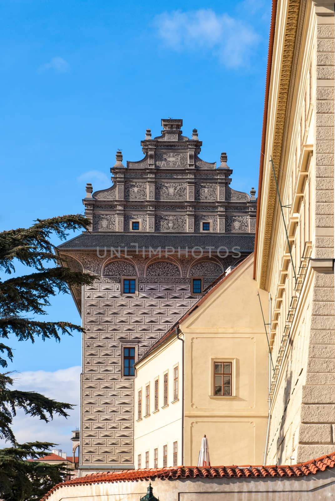 The facades of houses in the Old Town Square in Prague