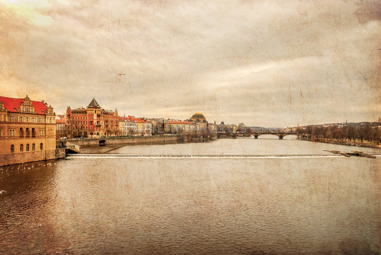 Prague. Vltava. Czech Republic. View from Charles Bridge, textured old paper by Zhukow