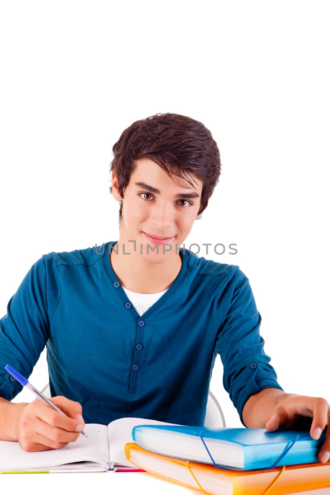 Young happy student carrying books on white backgound