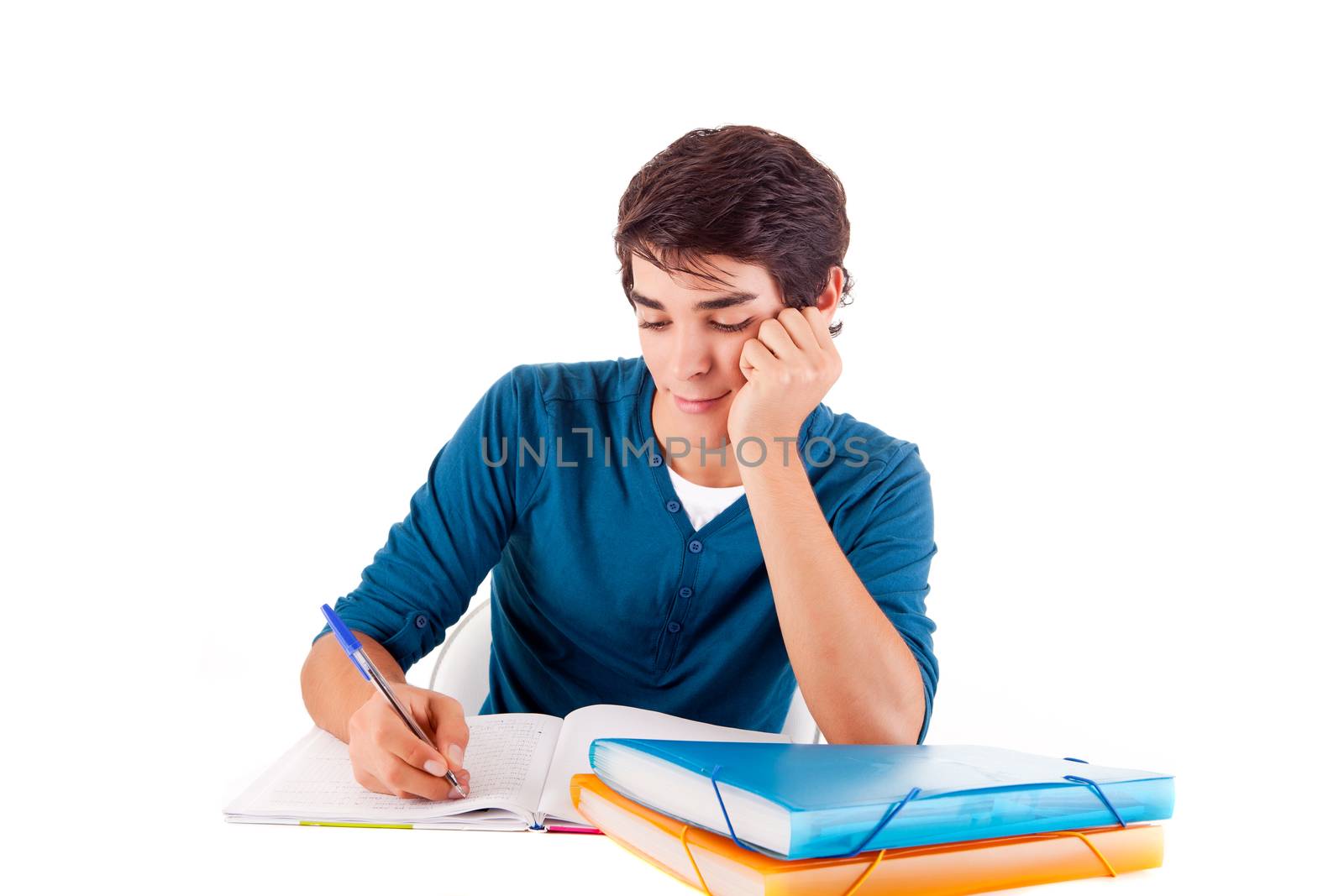 Young happy student carrying books on white backgound