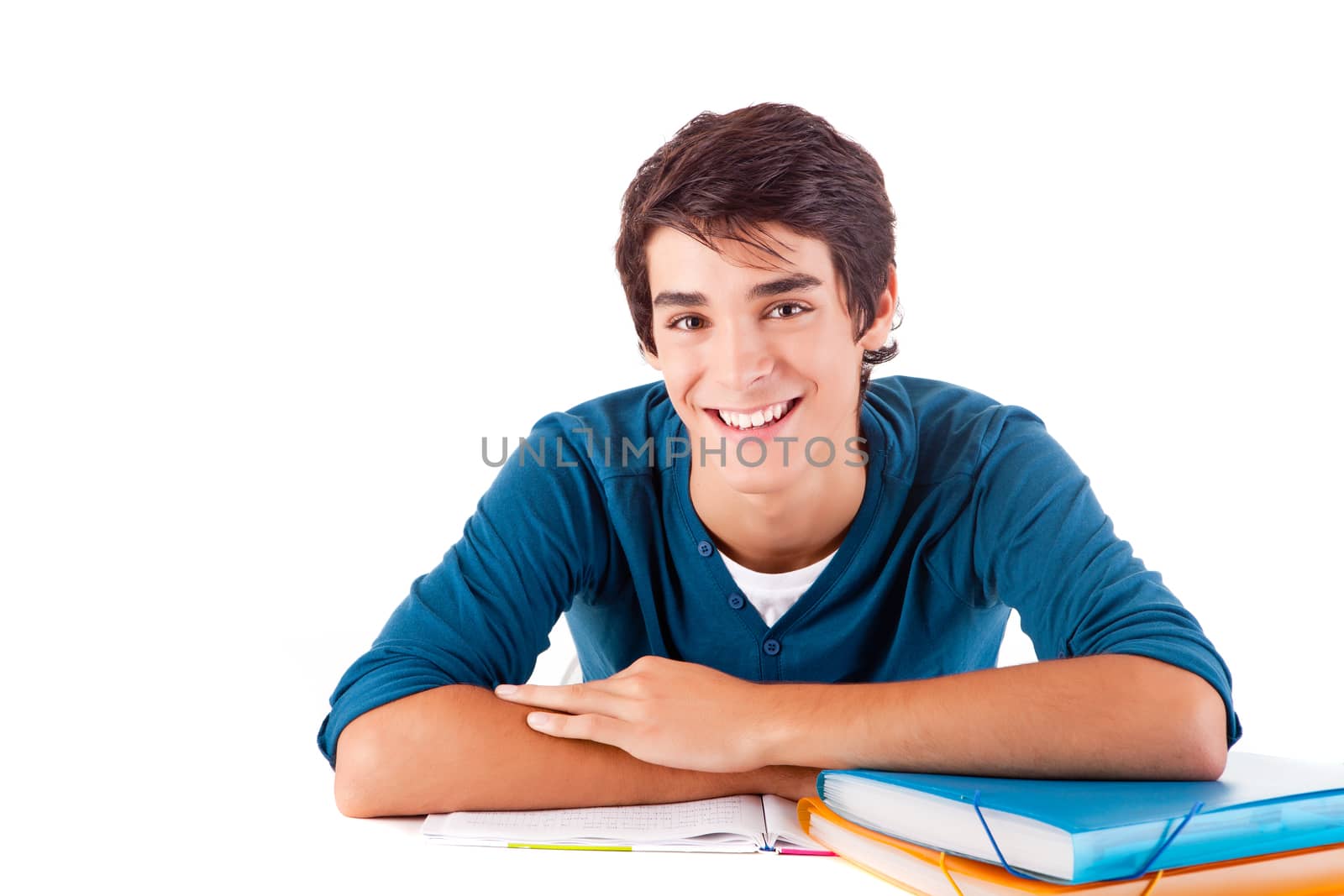 Young happy student carrying books on white backgound