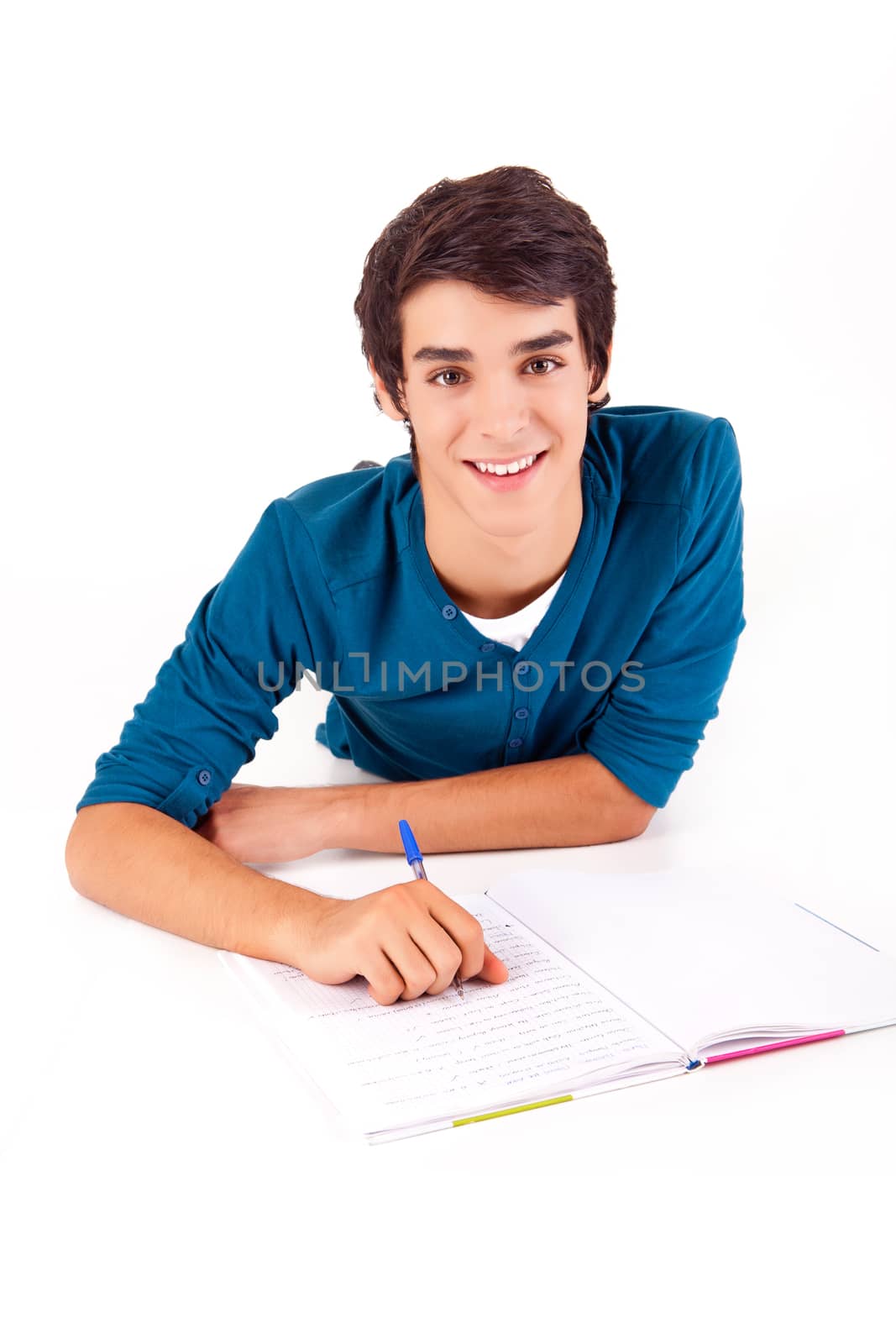 Young happy student carrying books on white backgound