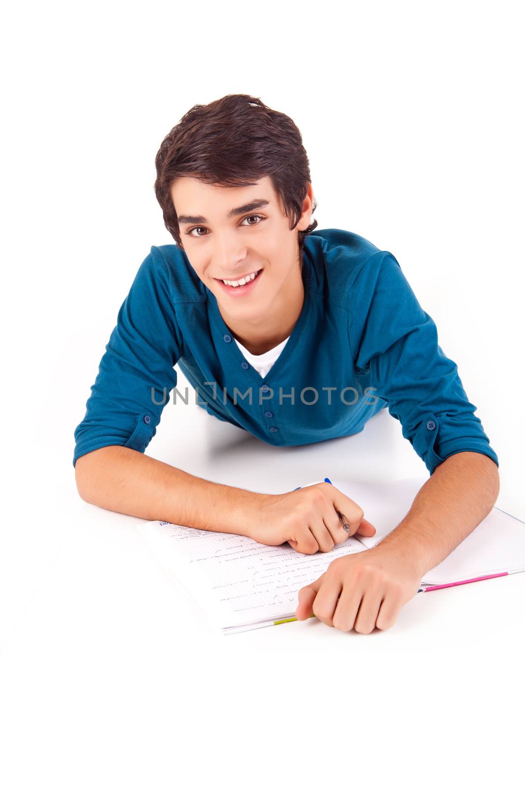 Young happy student carrying books on white backgound