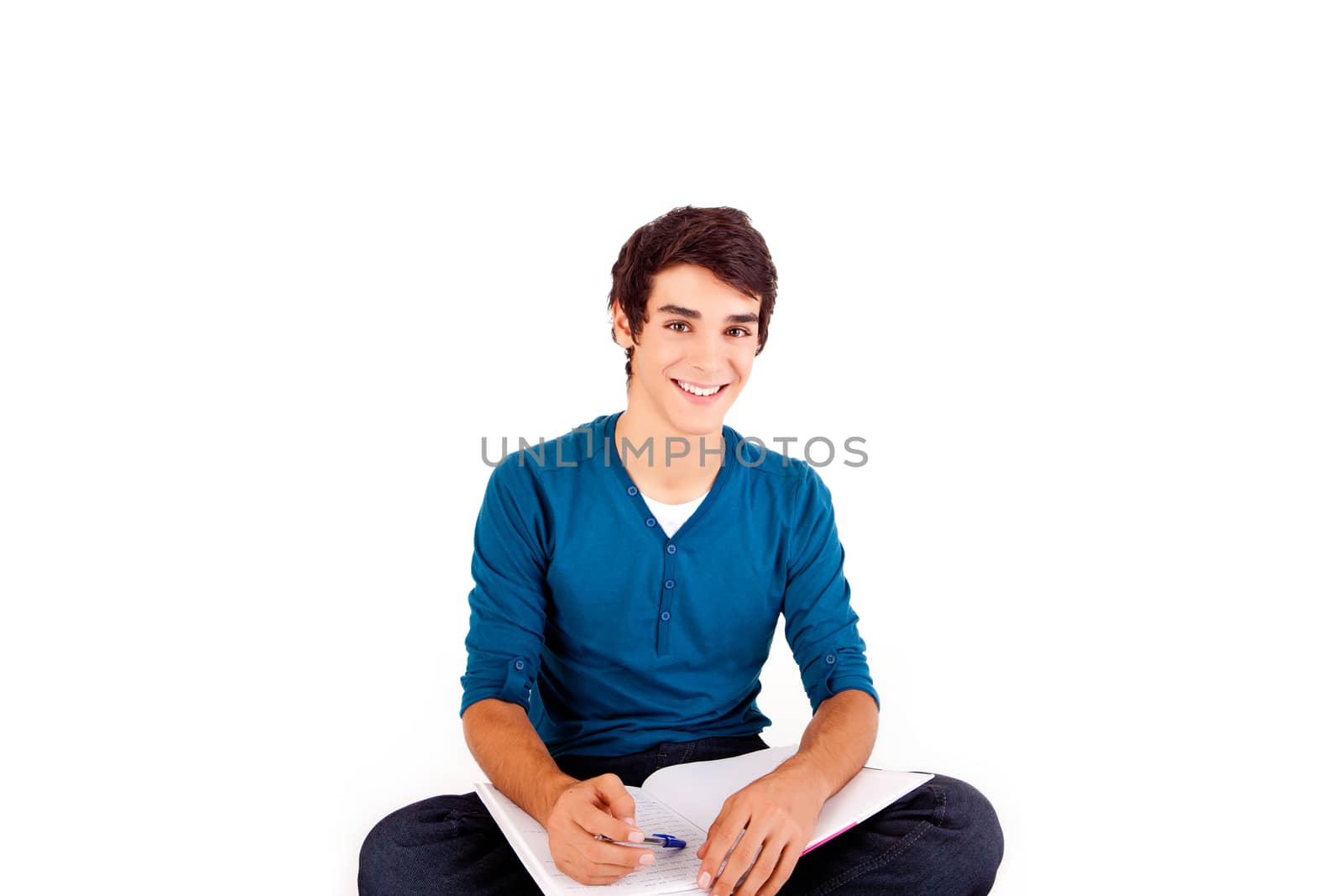 Young happy student carrying books on white backgound