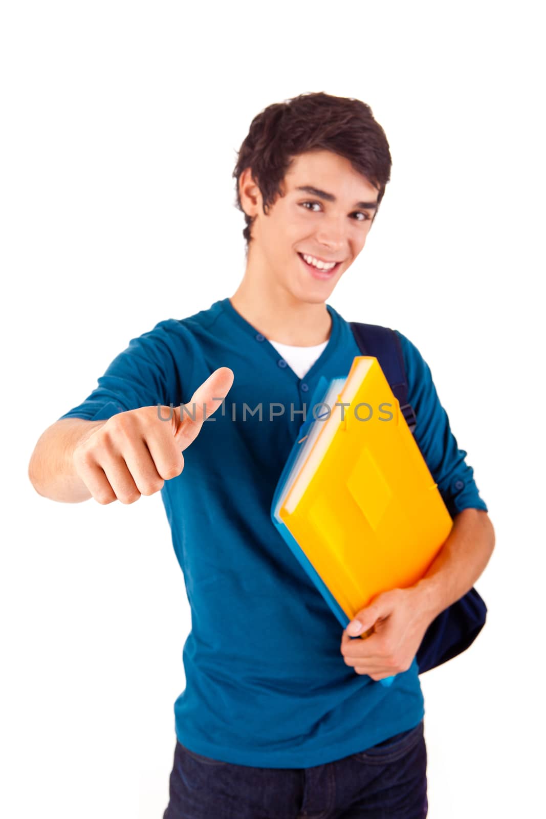 Young happy student showing thumbs up over white background