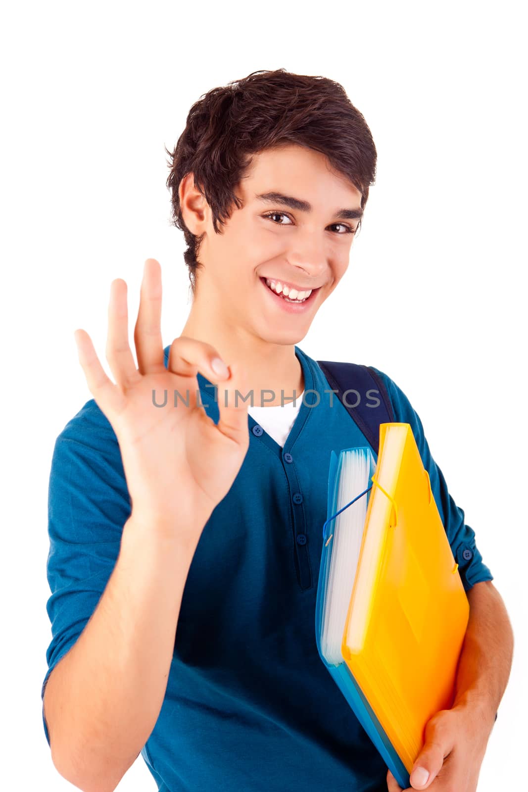 Young happy student showing Ok sign on white background