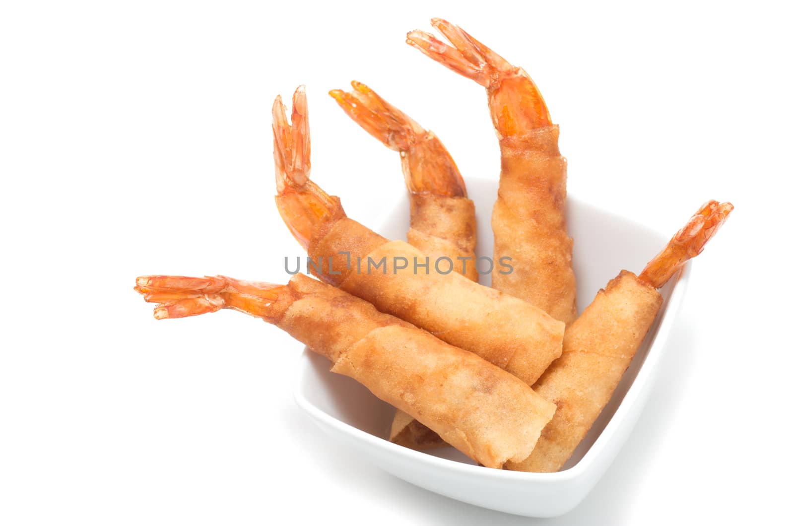 Vietnamese deep fried shrimps plate on white background