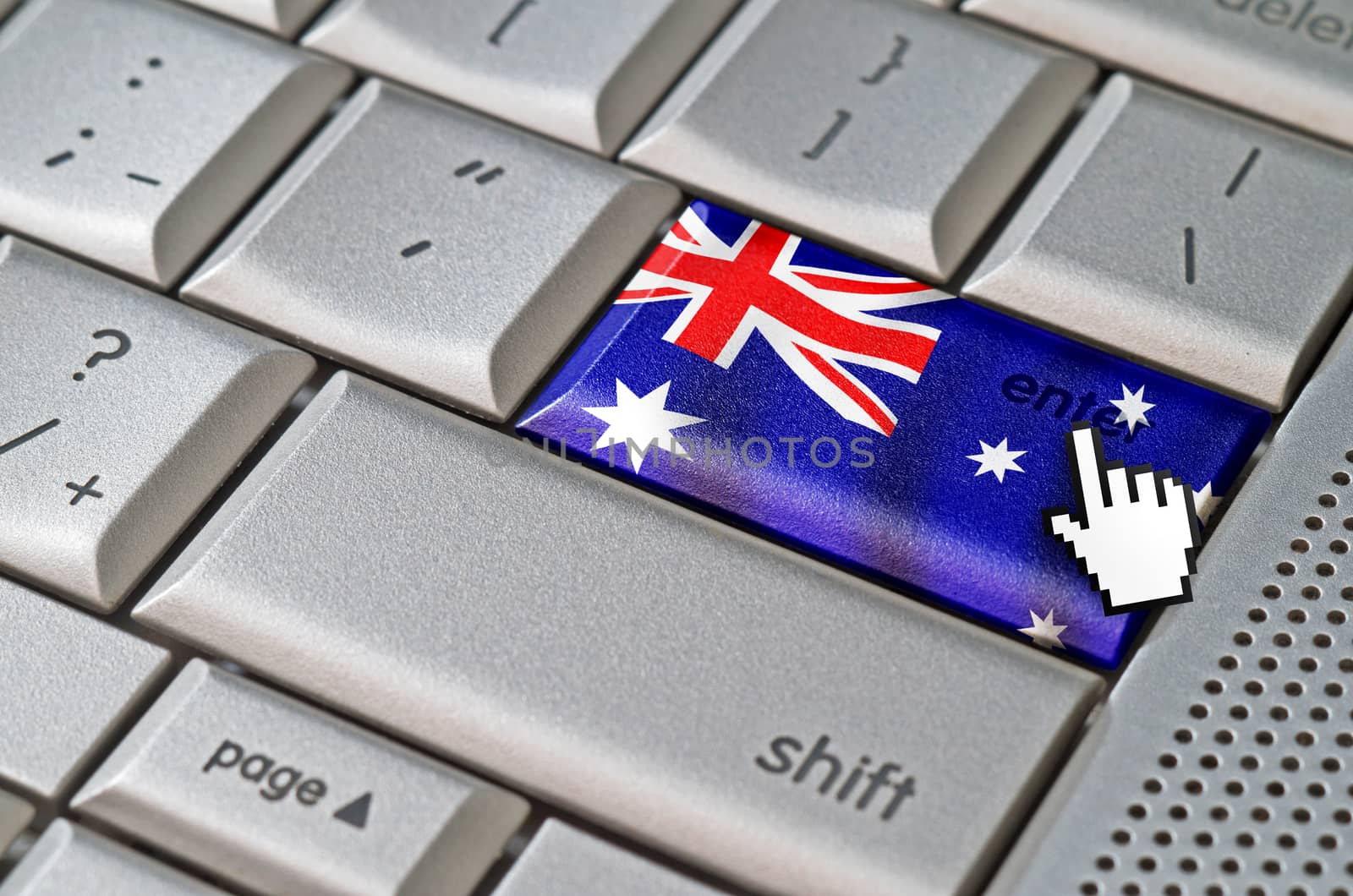 Business concept mouse cursor pressing Australia enter key on metallic keyboard