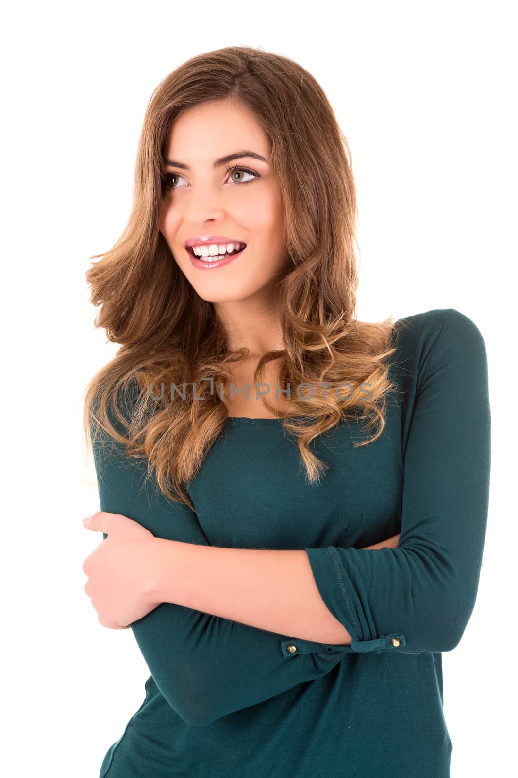 Attractive blonde woman posing over white background