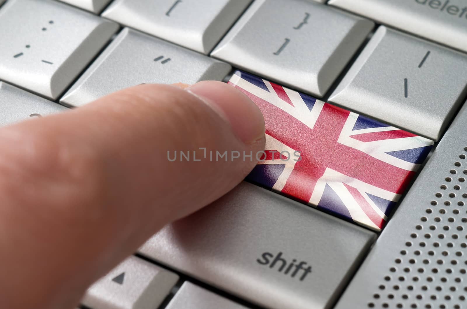 Business concept male finger pressing United Kingdom enter key by daoleduc