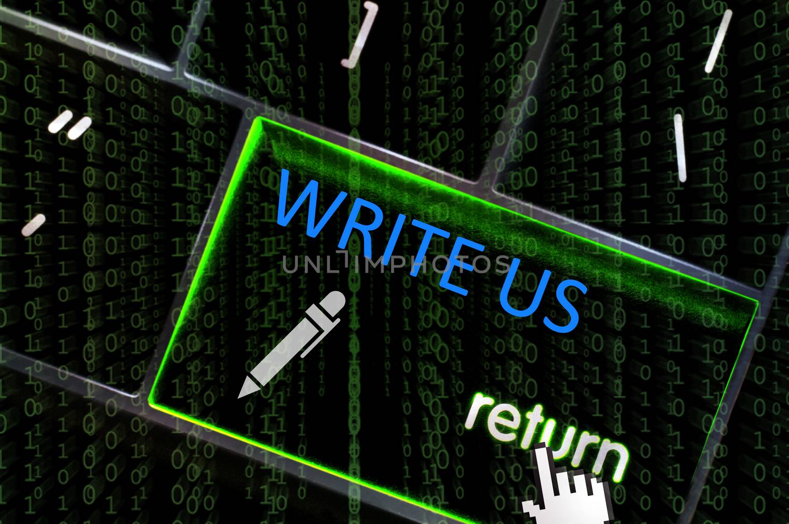 Write Us concept with the focus on the return button overlaid with binary code