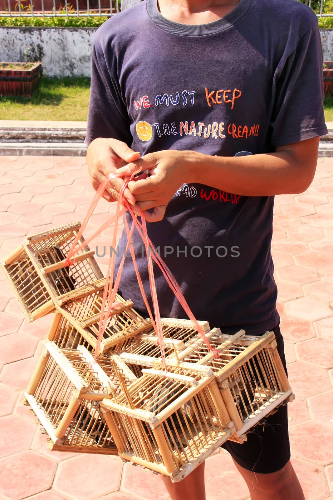 Local man selling birds near Pha That Luang, Vientiane, Laos, Southeast Asia