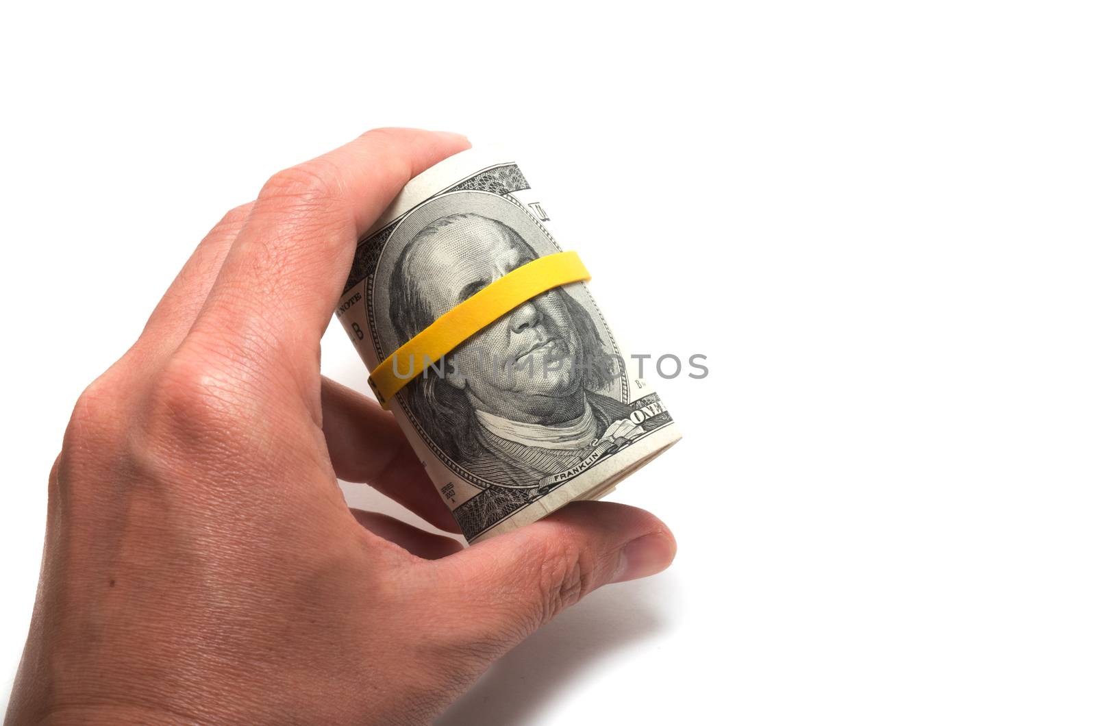 Roll of us banknotes with 100 dollars at the surface by daoleduc