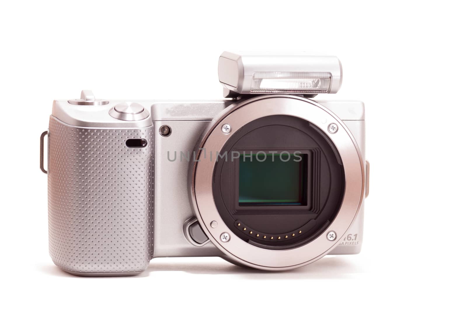 Mirrorless DSLR without lens isolated on white background