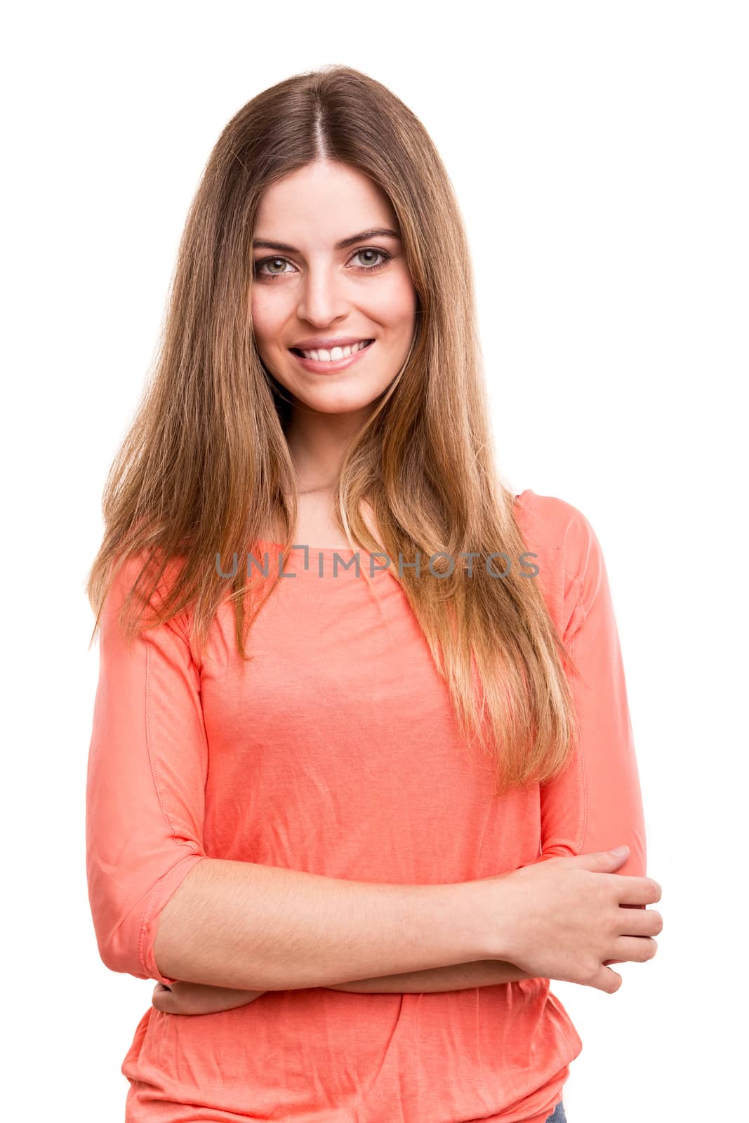 Beautiful blond woman posing over white background