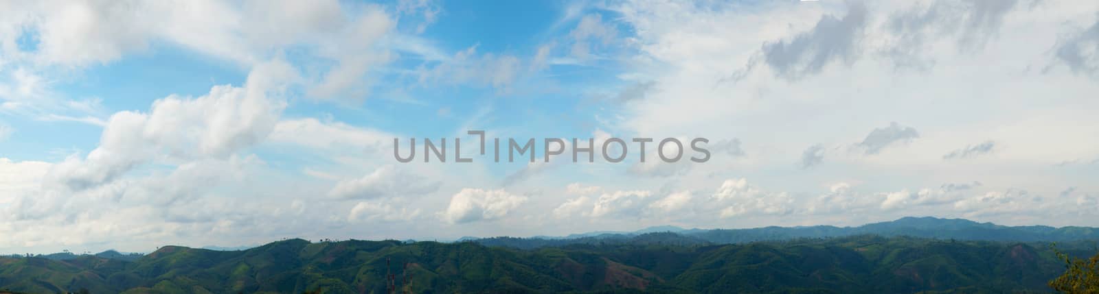 panorama of mountains in Burma. Dense tree cover on the mountain.