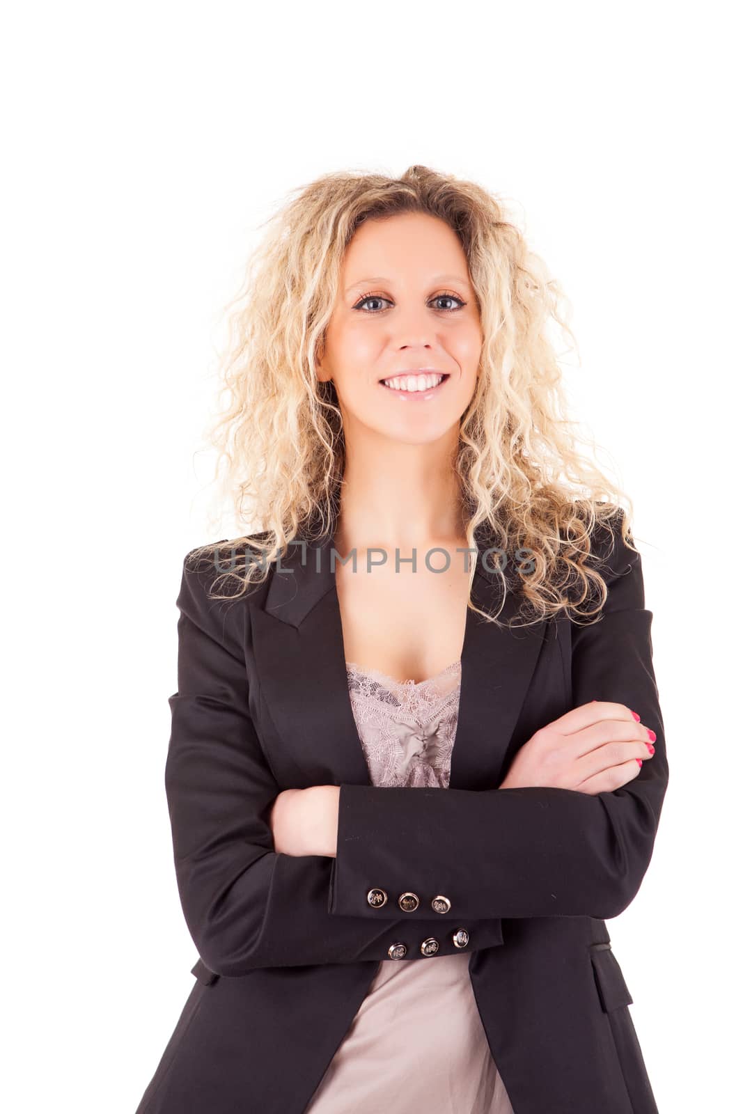 Beautiful blonde woman posing over white background