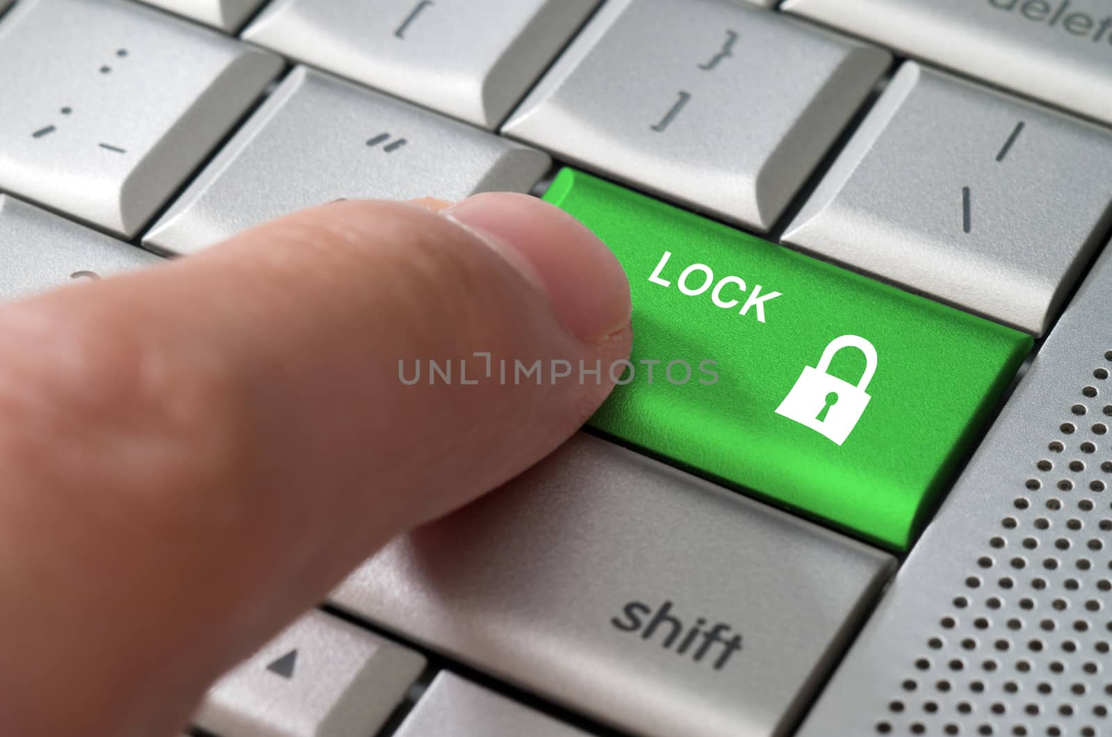 Business concept male finger pointing lock key  by daoleduc