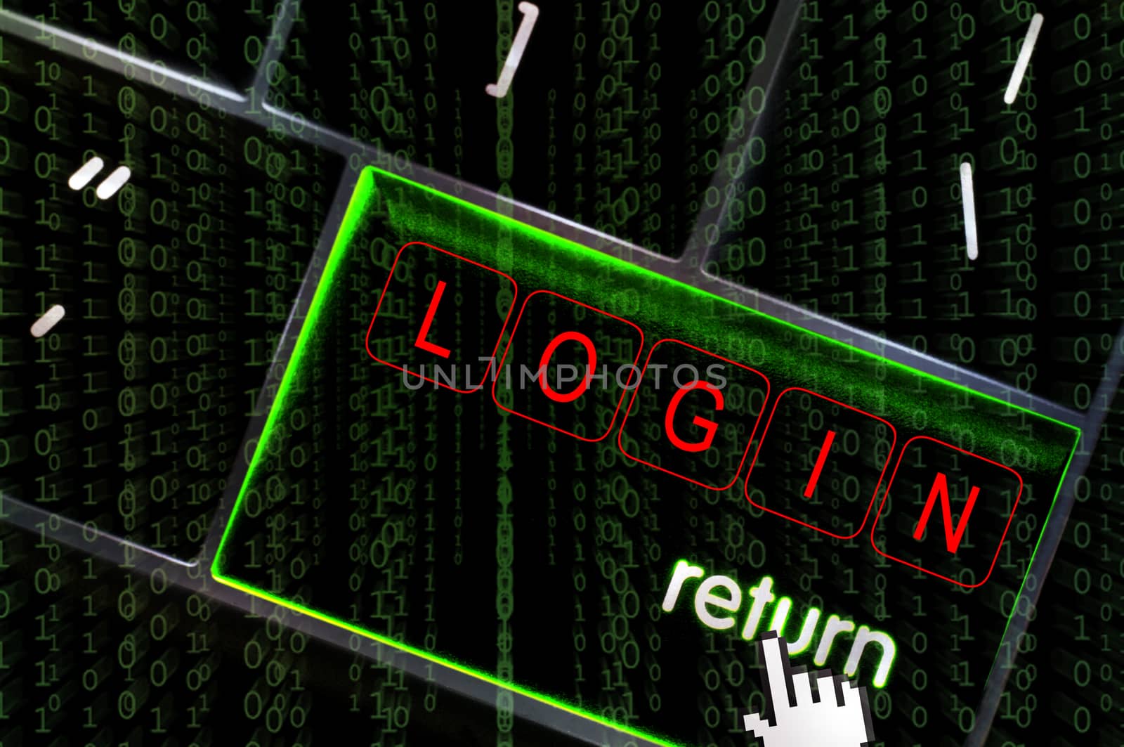 Login concept with the focus on the return button overlaid with binary code