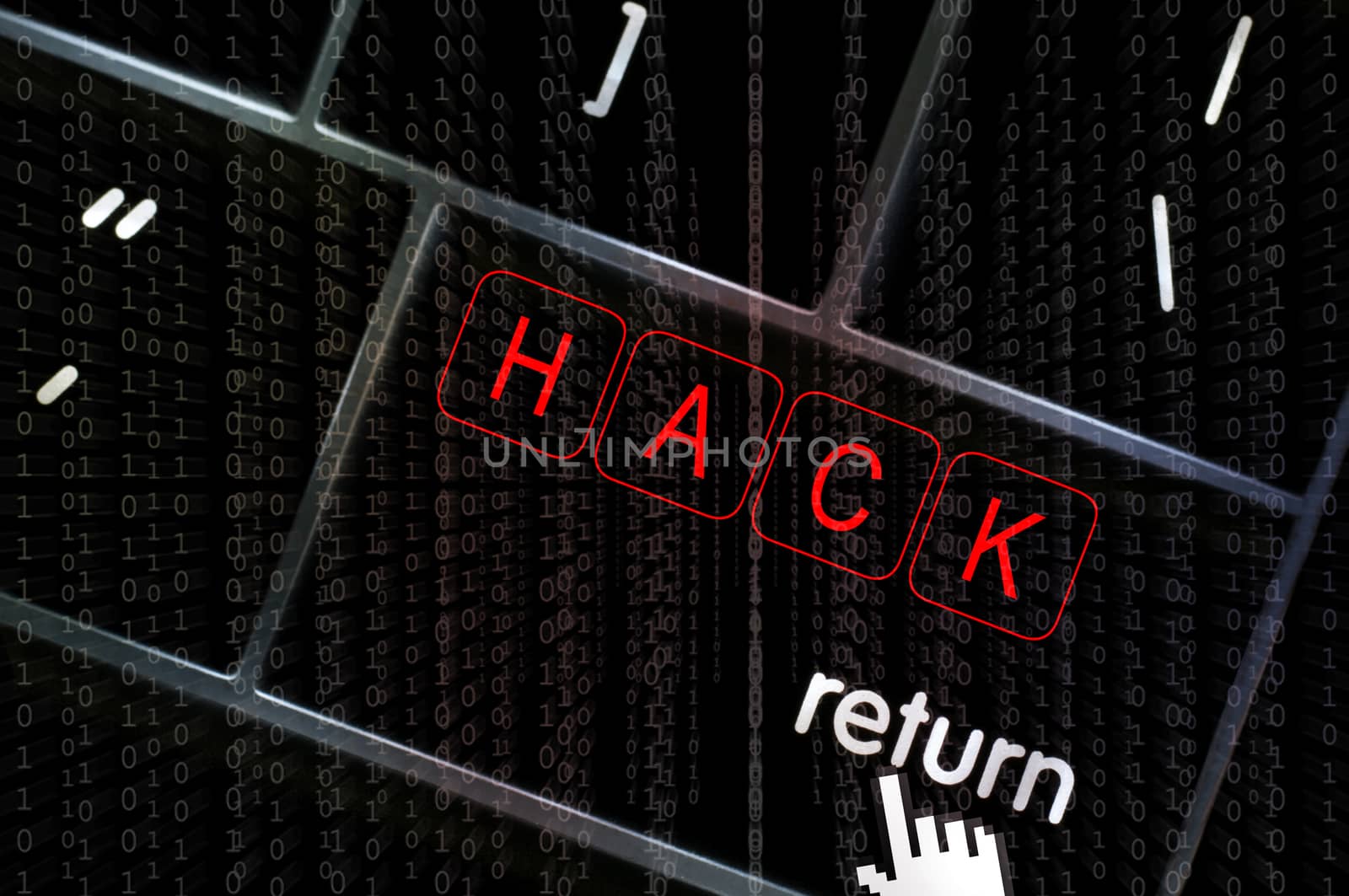 Hack concept with the focus on the return button overlaid with binary code