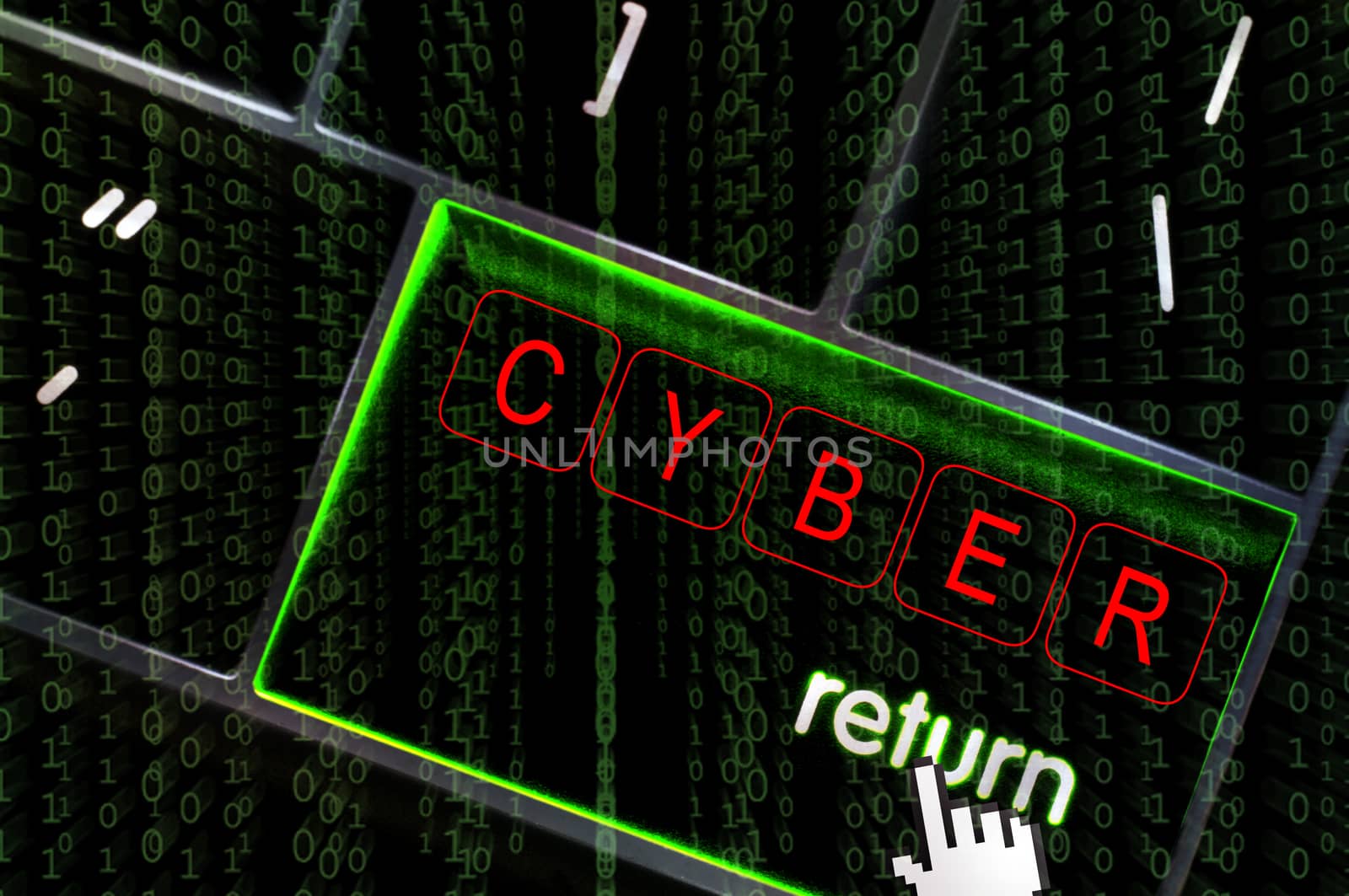 Cyber concept with the focus on the return button overlaid with binary code