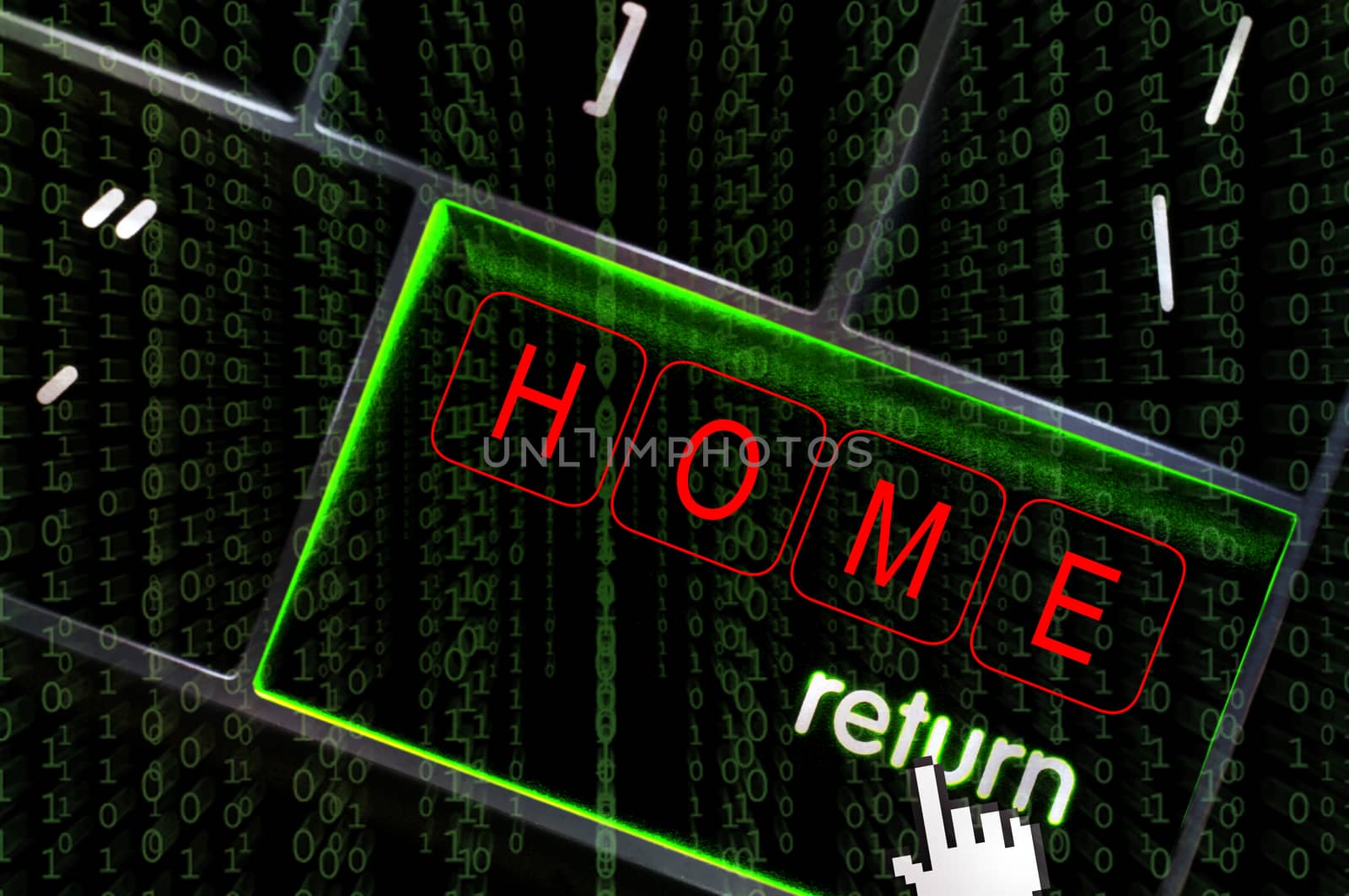 Home concept with the focus on the return button overlaid with binary code
