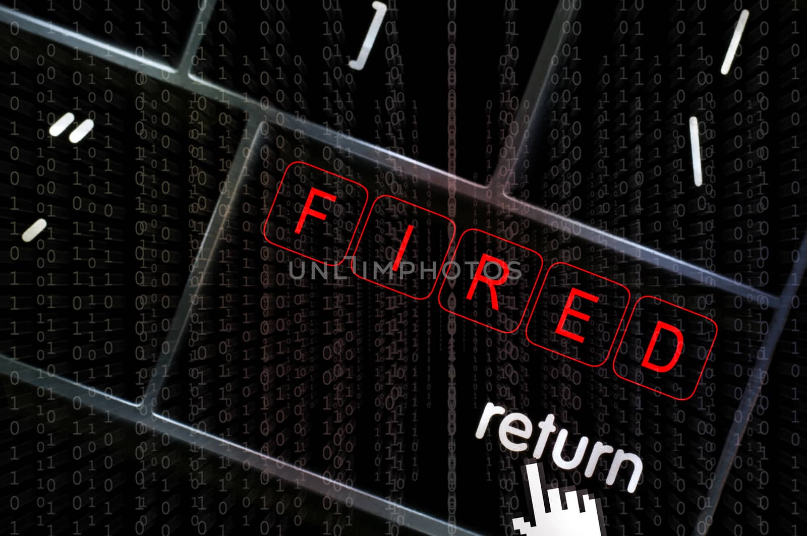 Fired concept with the focus on the return button overlaid with binary code