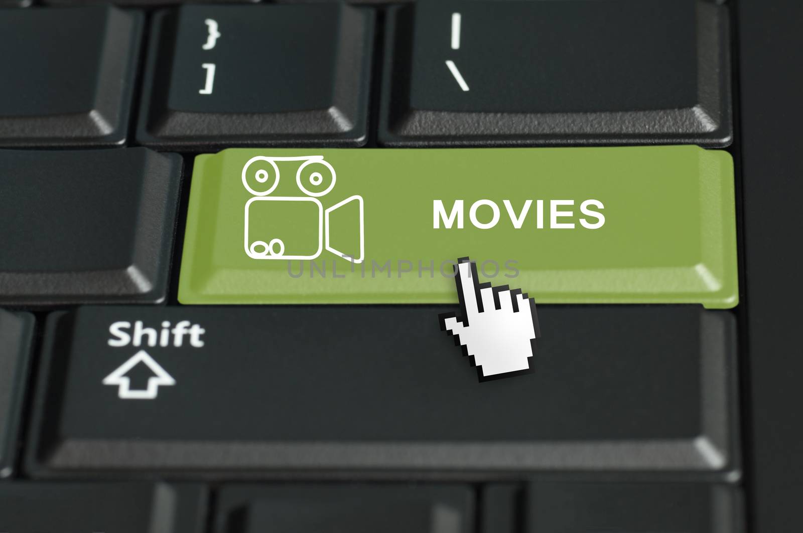 Concept of go to movies call to  action. The focus is on the enter key with the shift button on the bottom
