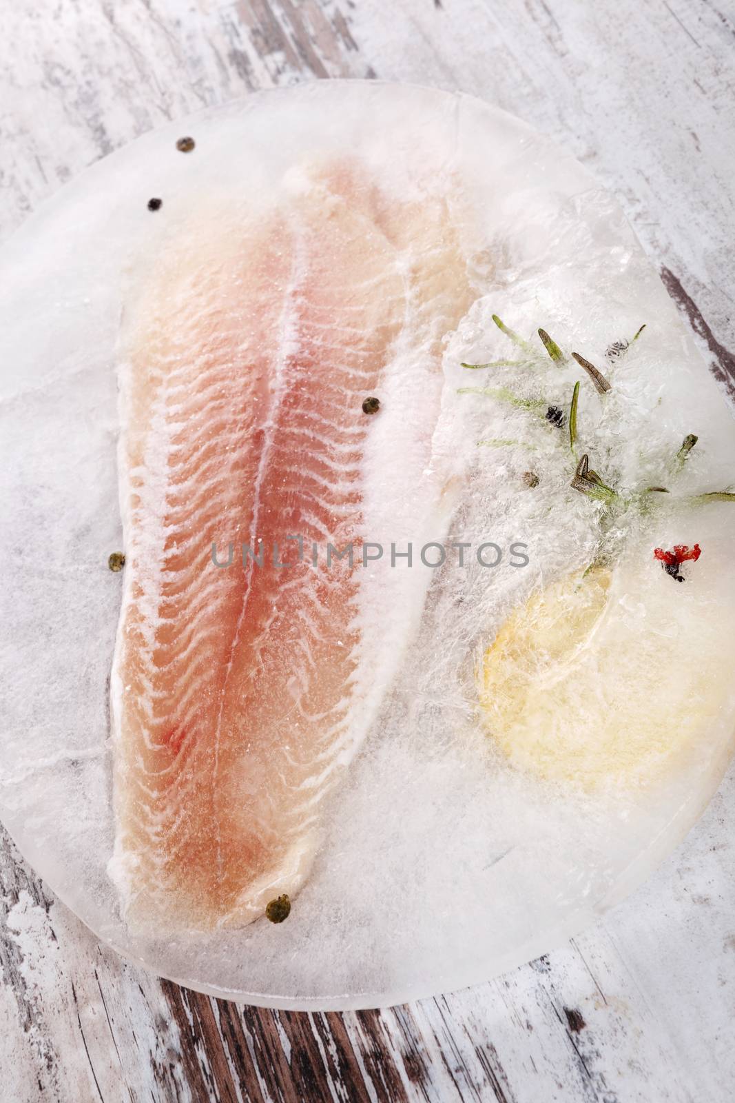 Raw fish fillet frozen in ice with fresh herbs and peppercorn on white wooden textured table. Luxurious seafood eating, rustic country style.