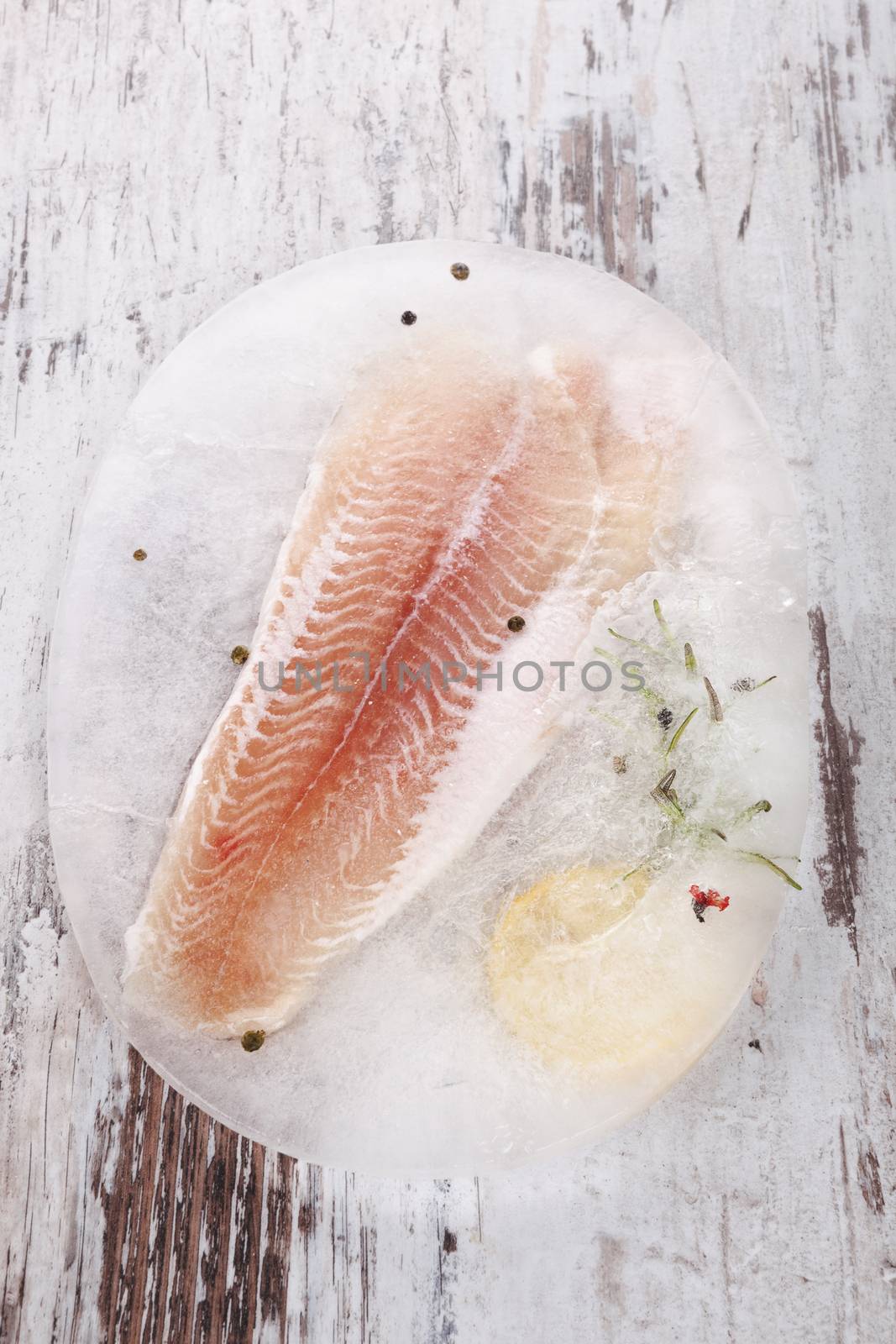 Raw frozen fish fillet with fresh herbs and lemon on white wooden textured background. Culinary seafood eating. 