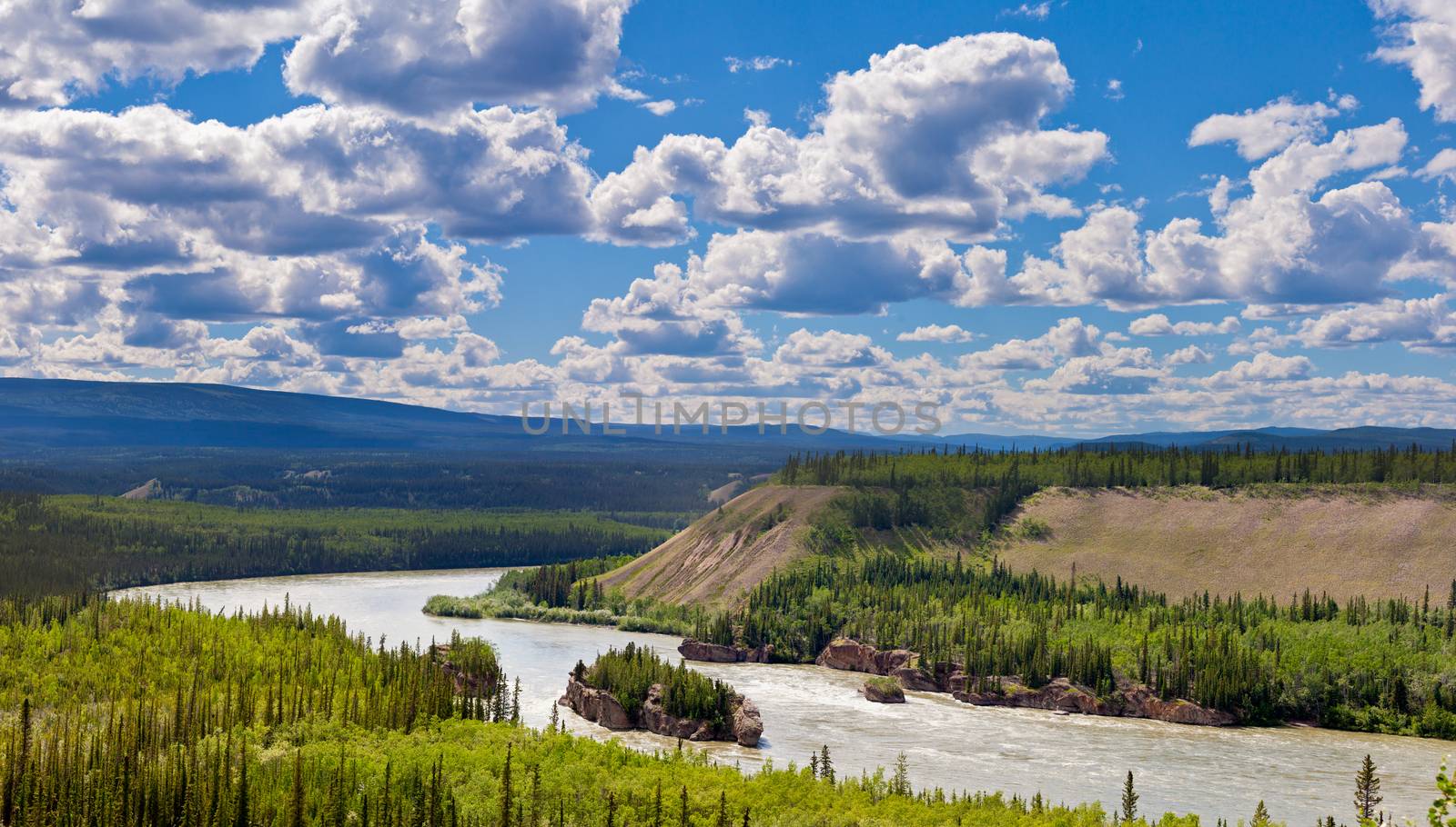 Hi-res landscape image of treacherous Five Finger Rapids of the Yukon River near town of Carmacks, Yukon Territory, Canada