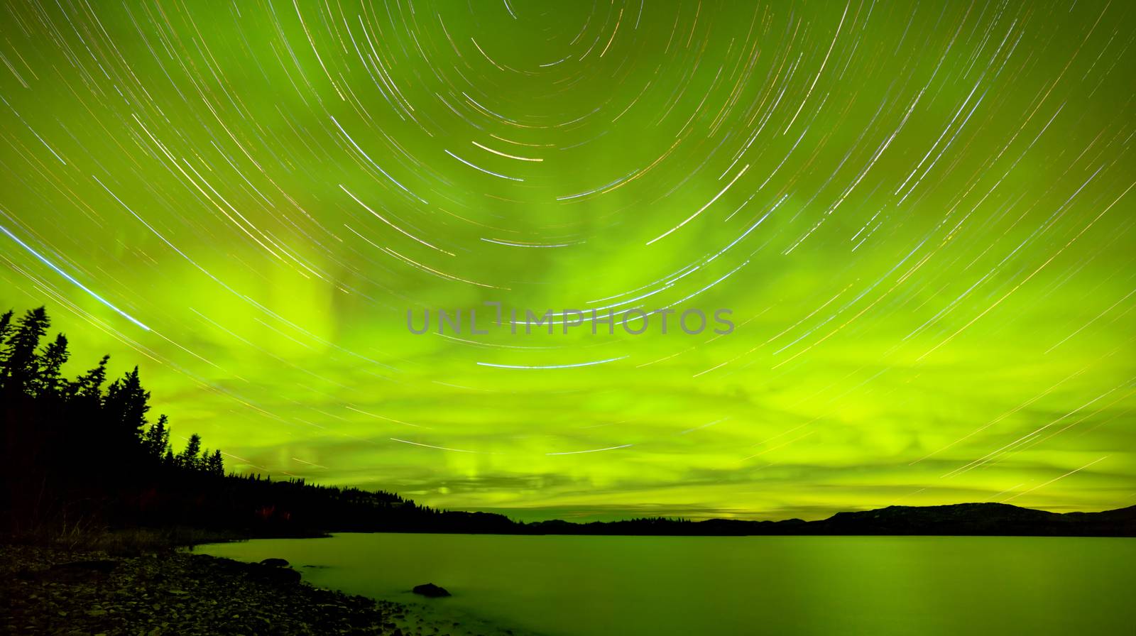 Astrophotography star trails with green glowing display of Aurora borealis or Northern Lights over boreal forest taiga at Lake Laberge, Yukon Territory, Canada