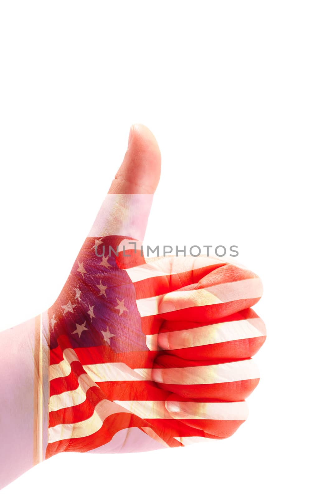 Child thumb up painted with American flag close-up isolated on white background