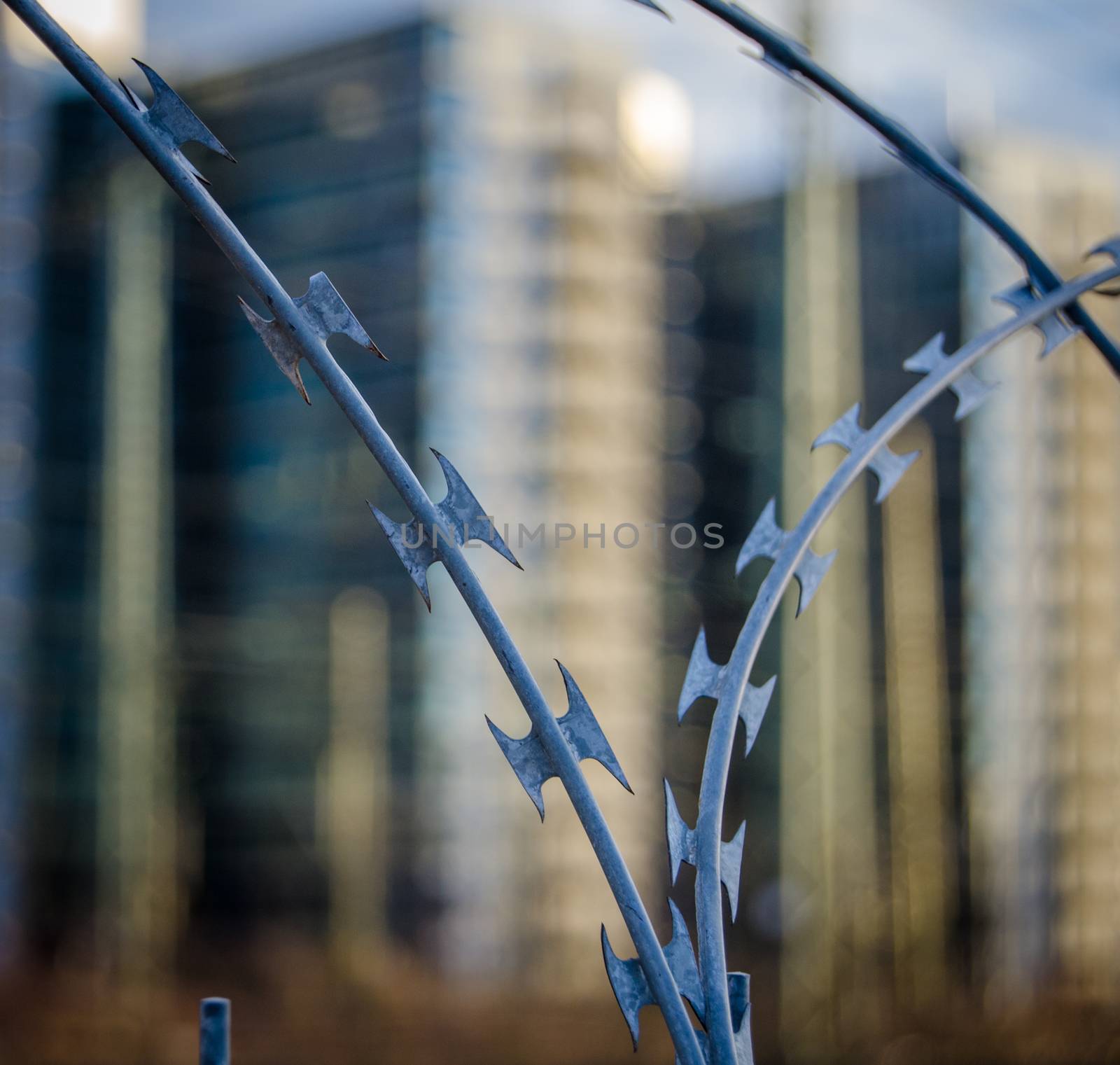 Close-up Of Razor Wire Fence Protecting Government Buildings