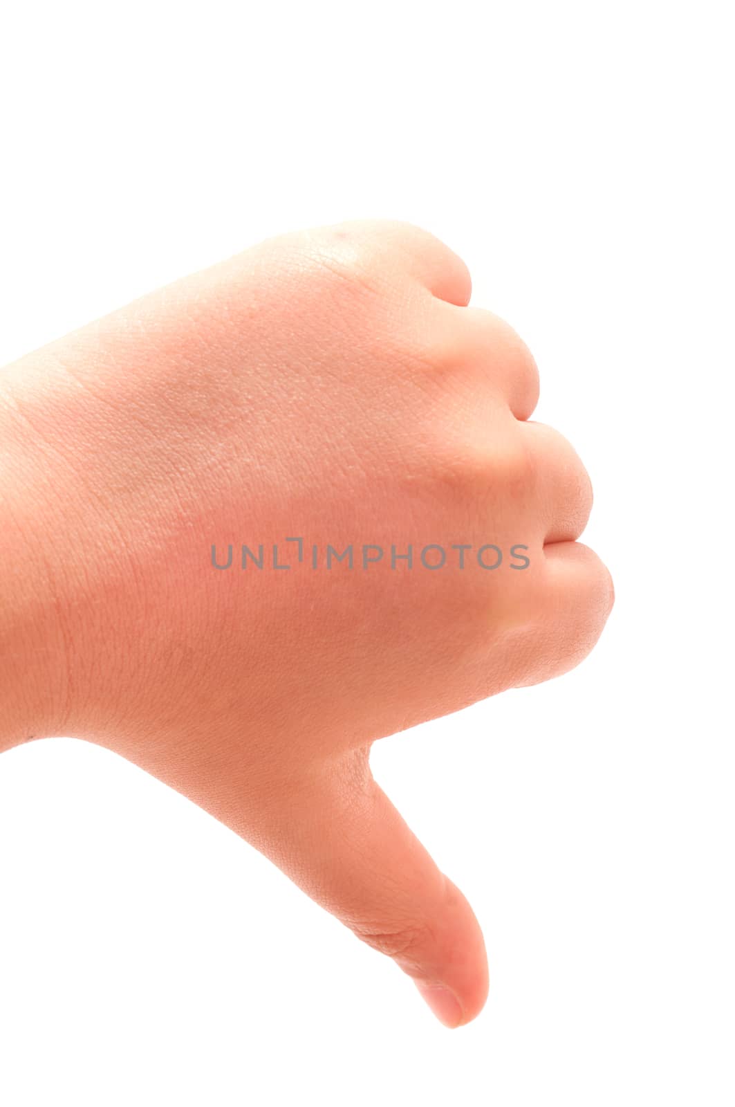 Child thumb down sign isoaled on white background
