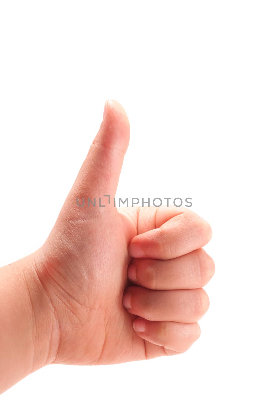 Child thumb up close-up isolated on white background