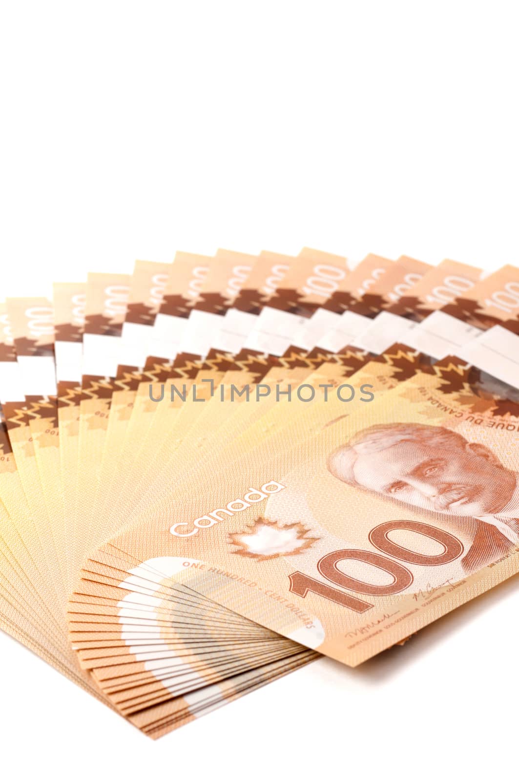 Canadian 100 dollar bills in polymer isolated on white background by daoleduc
