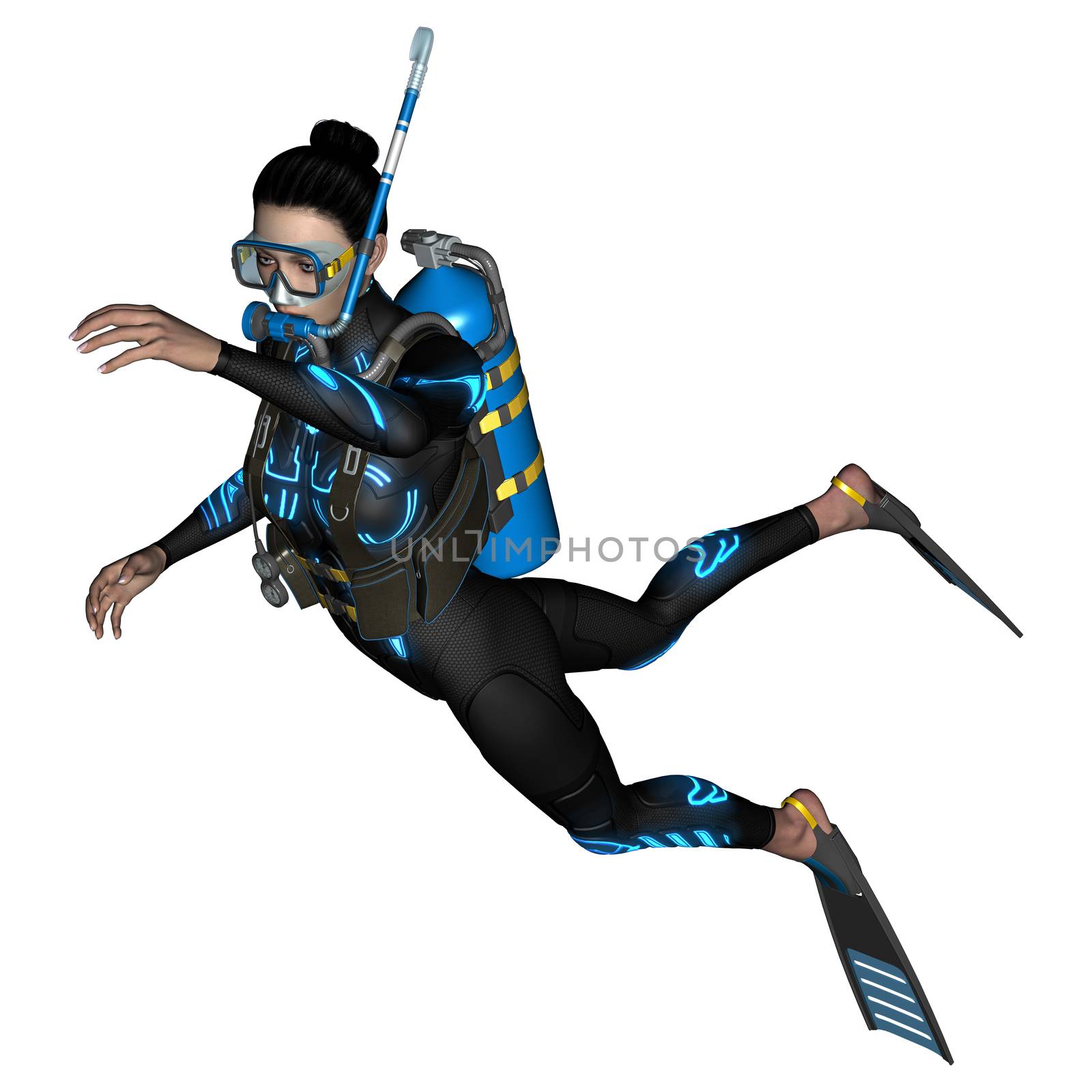 3D digital render of a female diver with a mask isolated on white background