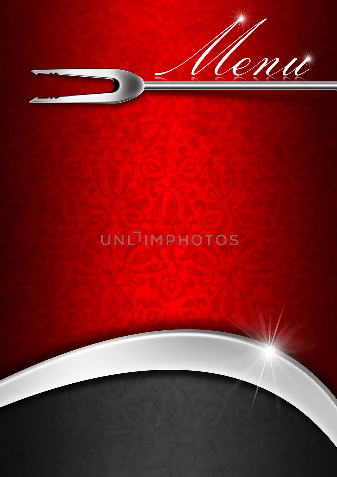 Red velvet background with ornate floral seamless and gray metal wave, template for a elegant menu