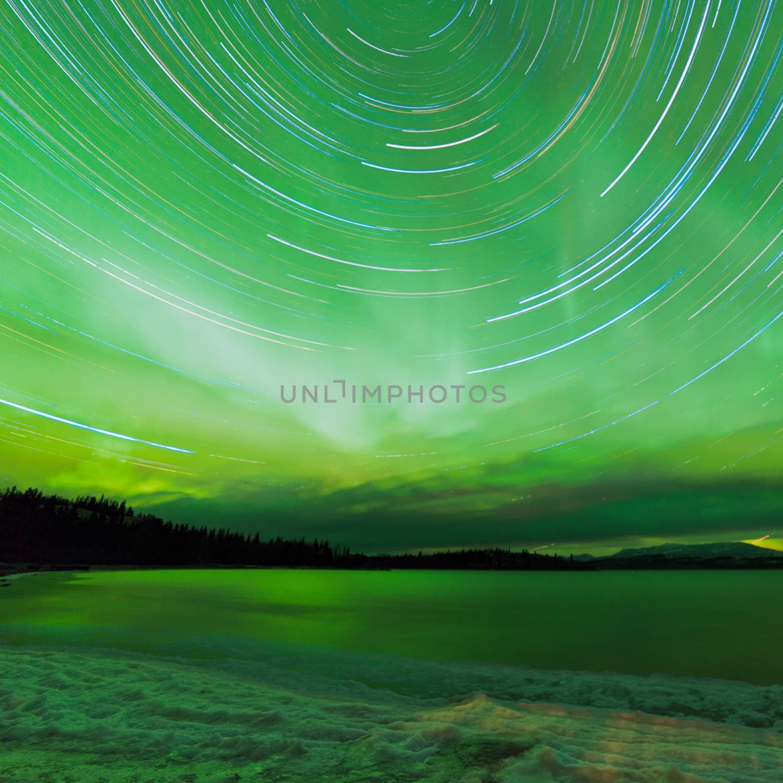 Astrophotography star trails with green sparkling show of Aurora borealis or Northern Lights over boreal forest taiga winter scene of Lake Laberge, Yukon Territory, Canada