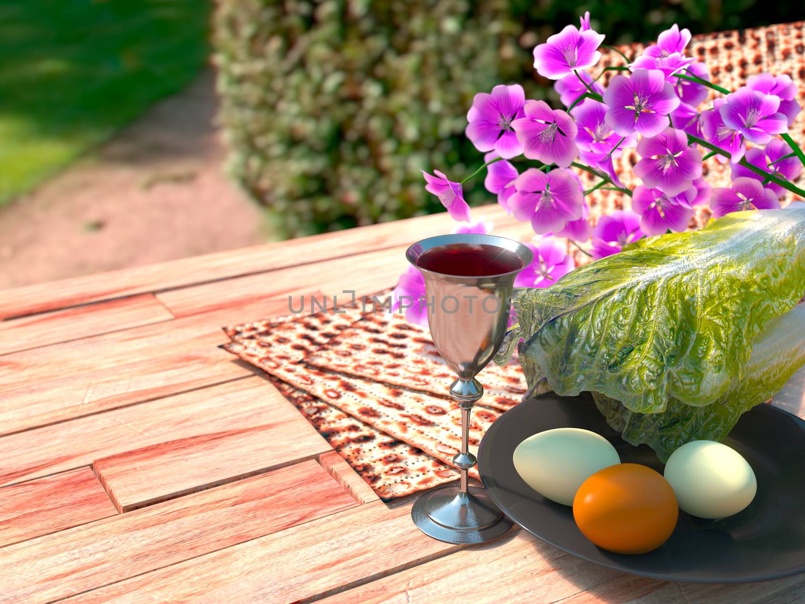 Jewish celebrate pesach passover with eggs, matzo and flowers on nature background by denisgo