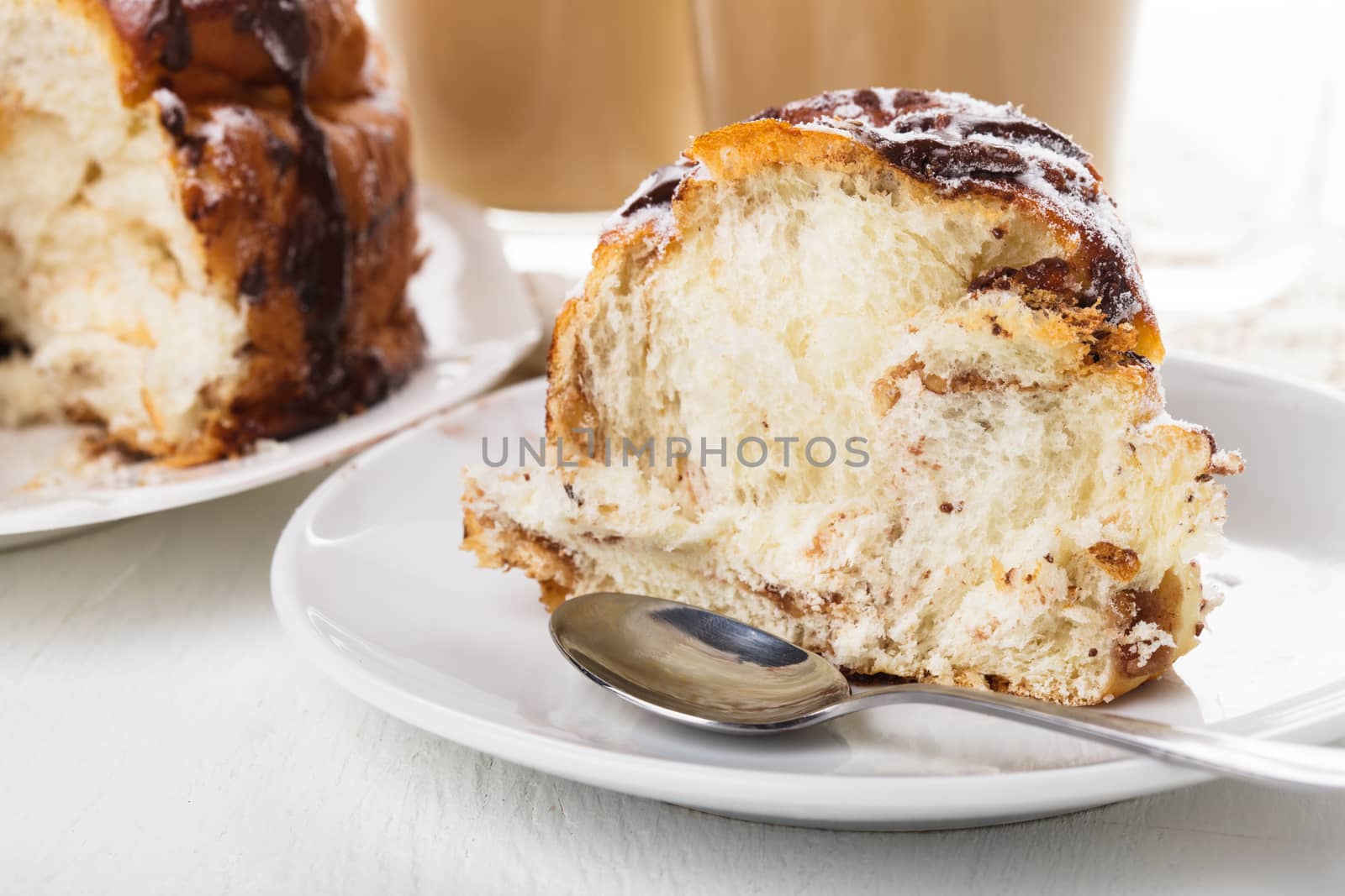 Twisted fancy bread with dried fruits anc chocolate