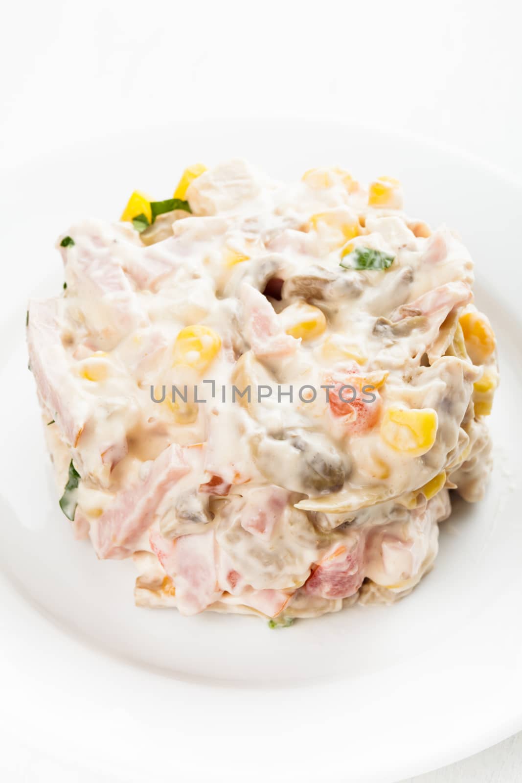 Portion of salad with ham, meat, mushrooms, vegetables and mayonnaise