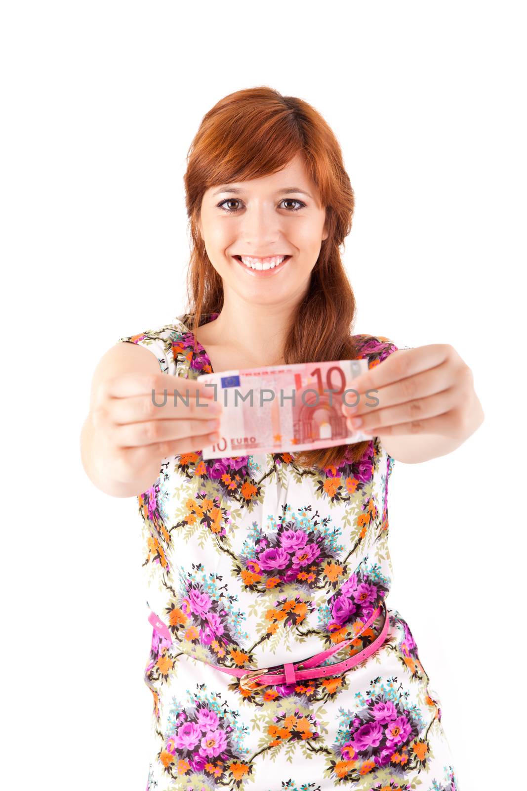 Happy woman showing Euros currency notes on white background